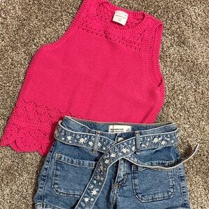 abercrombie kids Hot Pink Crochet-Hem Knit Tank and jean shorts